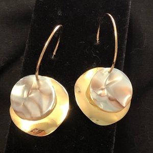 Gold and mother of pearl hoop dangle earrings